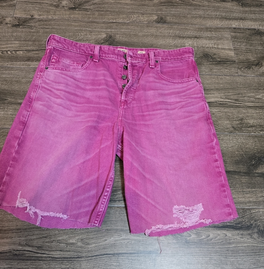 Ariat Shorts Womens  Pink High Rise Wide Leg Denim Distressed Frayed Hem Size 32